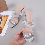 Elegant Square Toe Transparent Spike Heels Pumps Mesh Slippers Summer Women Gold Sandals Mules Party Shoe Mart Lion   