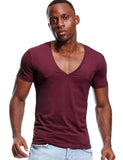 Deep V Neck T Shirt Men's Invisible Undershirt Low Cut Vneck Wide Vee Tee Model Scoop Hem Slim Fit Short Sleeve Mart Lion Red S 