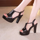 Block Heel Platform Sandals Women Wedding Shoes Summer T Strap High Heels Ladies OL Office MartLion Black 7 