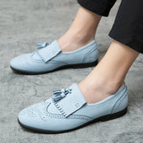 Men's Leather Tassel Loafers Pointed Toe British Style Vintage Carving Wingtips Brogues Shoes Slip Flats MartLion   