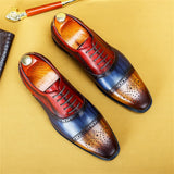 British Trend Brock Dress Men's Leather Color Matching Shoes Carved Gentleman Square Head Lace Up MartLion royal blue 37 