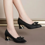 women cute sweet black leather square heel shoes for office classic pointed toe office party pumps MartLion   