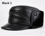 Winter Men's Leather Hat Thicken Leather Sheepskin Baseball Caps With Ears Warm Snapback Dad's Hats Sombrero De Cuero Del Hombre MartLion Black 1 L  55 56cm 