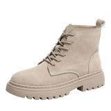 Suede Genuine Leather Ankle Boots Women Flat Platform Ladies Shoes Autumn Winter Combat Motorcycle Mart Lion Beige 35 