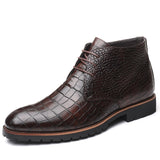 Men's Short Boot Lace-up Crocodile Grain Leather Ankle Martin Casual Shoes High Top Flats Mart Lion   