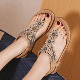 Summer Retro Sandals Women Rhinestone Beads Resort Beach Beach Wedge Shoes MartLion   