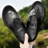 Cow Genuine Leather Retro Men's Summer Sandals Buckle Strap Beach Flip Flops Flat Water Shoes Solid Classic Casual Mart Lion   