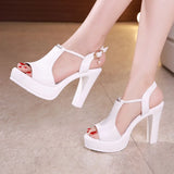 Block Heel Platform Sandals Women Wedding Shoes Summer T Strap High Heels Ladies OL Office MartLion WHITE 11 