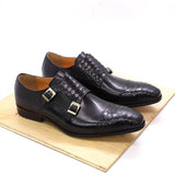 Men's Dress Shoes Genuine Leather Double Buckle Monk Strap Snake Print Cap Toe Classic MartLion   