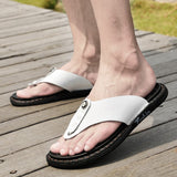 Cow Genuine Leather Retro Men's Summer Sandals Buckle Strap Beach Flip Flops Flat Water Shoes Solid Classic Casual Mart Lion   