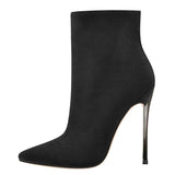 Onlymaker Women Ankel Boots Poited Toe Metal Thin High Heel Side Zipper Black Warm Winter MartLion CD200602A 5 