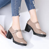 Women Mary Jane Pumps Shoes Patent Genuine Leather High Heels Shinny Ladies Retro Brogue High Square Heel MartLion   