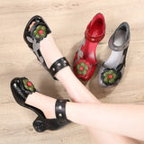 Genuine Leather Retro Style Chunky Heel Sandals Flower Open Toe Handmade Women High-Heeled Shoes MartLion   