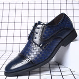 Men's Splicing Brogue Shoes Woven Grain Leather Dress Lace-Up Wedding Party Office Oxfords Flats Mart Lion Blue 6 