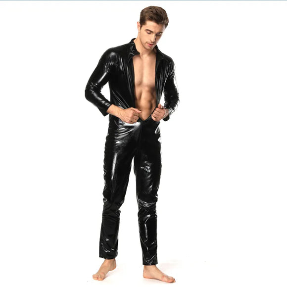 S-5XL Wet Look Catsuit Long Sleeve Close Zipper Open Crotch Bodysuit Tights Jumpsuit Men's Hot Shapers Leotard Body Clubwear MartLion   