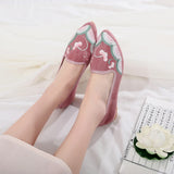 Flower Embroidered Women Cotton Fabric Pointed Toe Flat Shoes Slip On Flats Style MartLion   