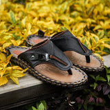 Cow Genuine Leather Retro Men's Summer Sandals Buckle Strap Beach Flip Flops Flat Water Shoes Solid Classic Casual Mart Lion   