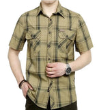 Short Shirt Casual Style Obesity Men's Summer Pure Cotton Plaid Loose Short Sleeve Shirts Man MartLion Khaki L 