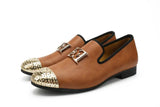 Men's Leather Casual Shoes Design Bright Face Buckle and Gold Metal Toe Driving Part Flats MartLion ORANGE 5.5 