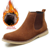 Winter Warm Plush Men's Boots Cow suede Chelsea Non-slip Snow Handmade Ankle Mart Lion Plush Brown 6.5 