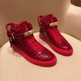 Men Embossed Crocodile High Top Sneakers Lock Lace Red Flats Real Leather Designer Boots Men‘s Casual Shoes MartLion Red 9.5