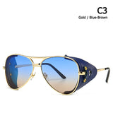 Vintage SteamPunk Pilot Style Sunglasses Leather Side Design Sun Glasses Oculos De Sol 2029 Mart Lion C3 Gold Blue  