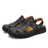Men's Leather Sandals Luxury Summer Shoes Oxhide Handmade Slippers Black Brown Mart Lion   