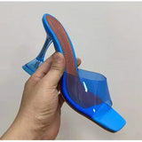 Star style Transparent PVC Women Slippers Square toe Cup heeled Summer Mules Slides High heels Sandals Shoes MartLion   