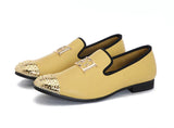 Men's Leather Casual Shoes Design Bright Face Buckle and Gold Metal Toe Driving Part Flats MartLion YELLOW 5.5 