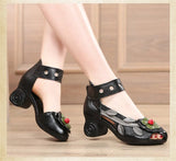 Genuine Leather Retro Style Chunky Heel Sandals Flower Open Toe Handmade Women High-Heeled Shoes MartLion   