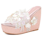 Summer Slippers Flower Decoration Platform Wedges Sandals Women High Heels Female Flip Flop Shoes Mart Lion pink 34 