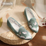 Flower Embroidered Women Cotton Fabric Pointed Toe Flat Shoes Slip On Flats Style MartLion   