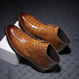 Men's Short Boot Lace-up Crocodile Grain Leather Ankle Martin Casual Shoes High Top Flats Mart Lion Light Brown 6 