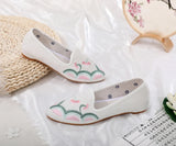 Flower Embroidered Women Cotton Fabric Pointed Toe Flat Shoes Slip On Flats Style MartLion   