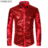 Red Sequin Metallic Patchwork Shirt Men's 70's Disco  Nightclub Sparkle Shirt Halloween Party Stage Prom MartLion   