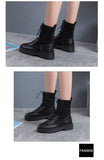 Autumn Women's Boots Casual All-Match Lace-Up PU Leather Black Non-Slip Motorcycle De Mujer Mart Lion   