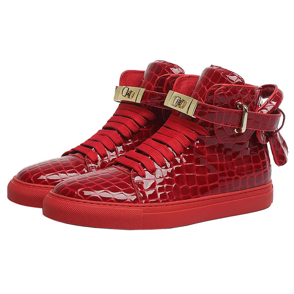 Men Embossed Crocodile High Top Sneakers Lock Lace Red Flats Real Leather Designer Boots Men‘s Casual Shoes MartLion