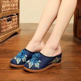 Veowalk Cotton Flower Appliques Women Canvas Wedge Slippers Summer Retro Ladies Med Heel Slides Mules Comfort Platforms Shoes MartLion Navy 8.5 