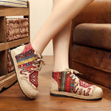 High Top Cotton Embroidered Women Casual Linen Flat Shoes Handmade Lace Up Thick Hemp Soled Canvas Sneakers MartLion   