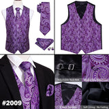 4PC Men's Silk Vest Party Wedding Purple Paisley Solid Floral Waistcoat Vest Pocket Square Tie Slim Suit Set Barry Wang Mart Lion   