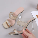 Elegant Square Toe Transparent Spike Heels Pumps Mesh Slippers Summer Women Gold Sandals Mules Party Shoe Mart Lion   