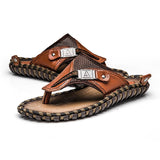 Cow Genuine Leather Retro Men's Summer Sandals Buckle Strap Beach Flip Flops Flat Water Shoes Solid Classic Casual Mart Lion Auburn 6 