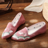 Flower Embroidered Women Cotton Fabric Pointed Toe Flat Shoes Slip On Flats Style MartLion   