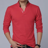 T-Shirt Men's Spring Cotton Solid Color Mandarin Collar Long Sleeve Slim Fit Tee Shirts Mart Lion red M 