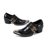 Black Red Pointed Toe Dress Shoes Men's Office Genuine Leather Breathable Buckle Slip On Snake Pattern High Heels Shoes MartLion   