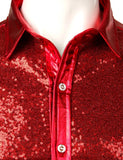 Red Sequin Metallic Patchwork Shirt Men's 70's Disco  Nightclub Sparkle Shirt Halloween Party Stage Prom MartLion   