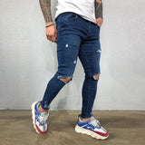 Men Jeans Knee Hole Ripped Stretch Skinny Denim Pants Solid Color Black Blue Summer MartLion   