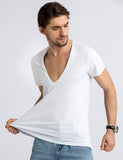 Deep V Neck T Shirt Men's Invisible Undershirt Low Cut Vneck Wide Vee Tee Model Scoop Hem Slim Fit Short Sleeve Mart Lion   
