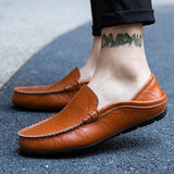 Fotwear Cow Leather Men's Loafers Orange Lazy Shoes Breathable Slip On Half Slippers Softable Driving Moccasins