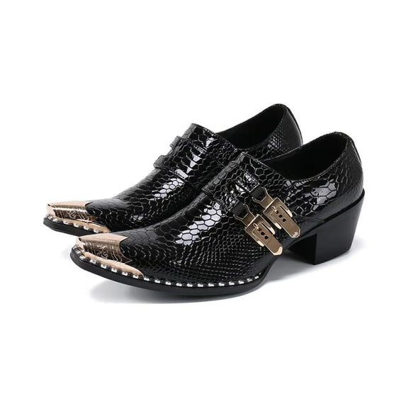 Black Red Pointed Toe Dress Shoes Men's Office Genuine Leather Breathable Buckle Slip On Snake Pattern High Heels Shoes MartLion black 37 CHINA